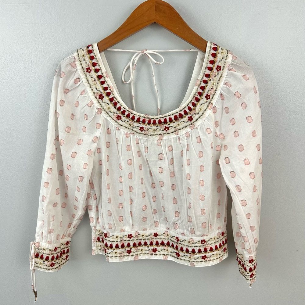 Anthropologie Boho Beaded Tie-Back Knit Blouse NWT Size XS Coastal Summer